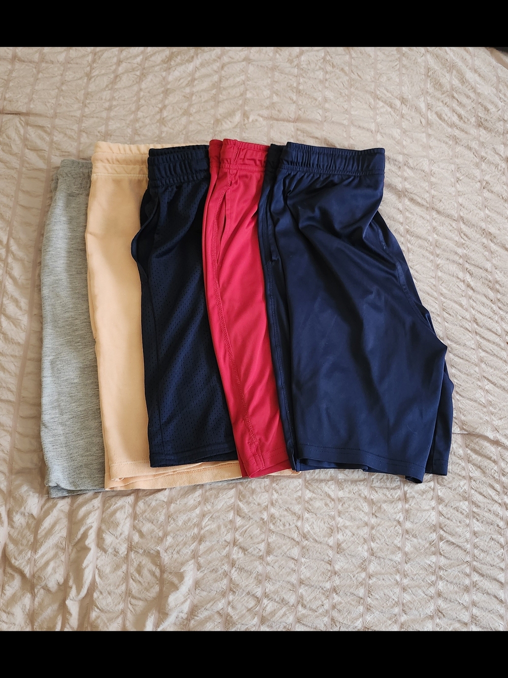 2 New And 3 Used Kids Performance Shorts Pack - Navy, Red, Peach, Gray